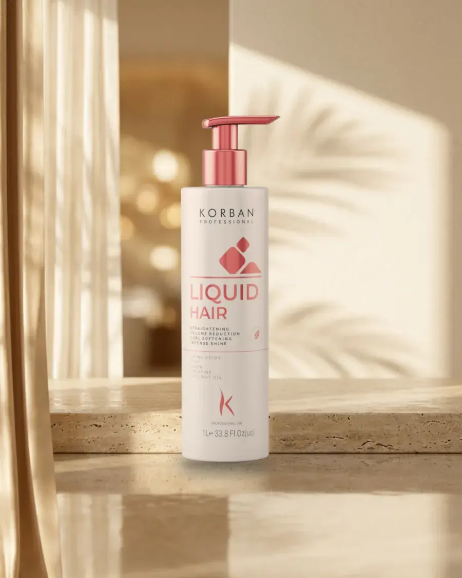 Butelka Korban Liquid Hair z pompką na trawertynowej półce w ciepłym świetle