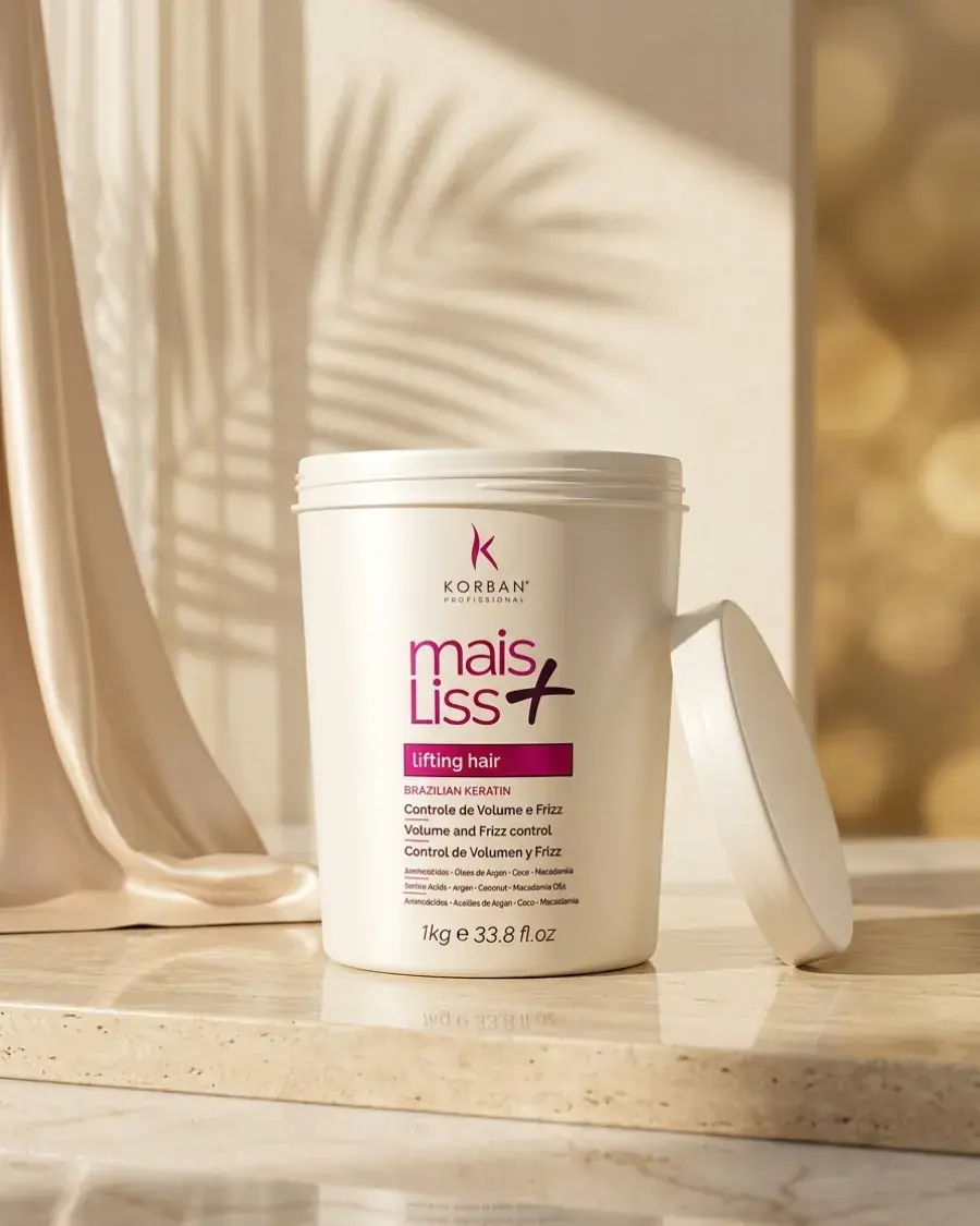 Biały słoik Korban Mais Liss+ Lifting Hair z opartą pokrywką na jasnej półce