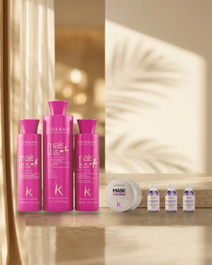 Trzy butelki Mais Liss+, słoik Mask Nutre Repair i ampułki Essential Dose na półce