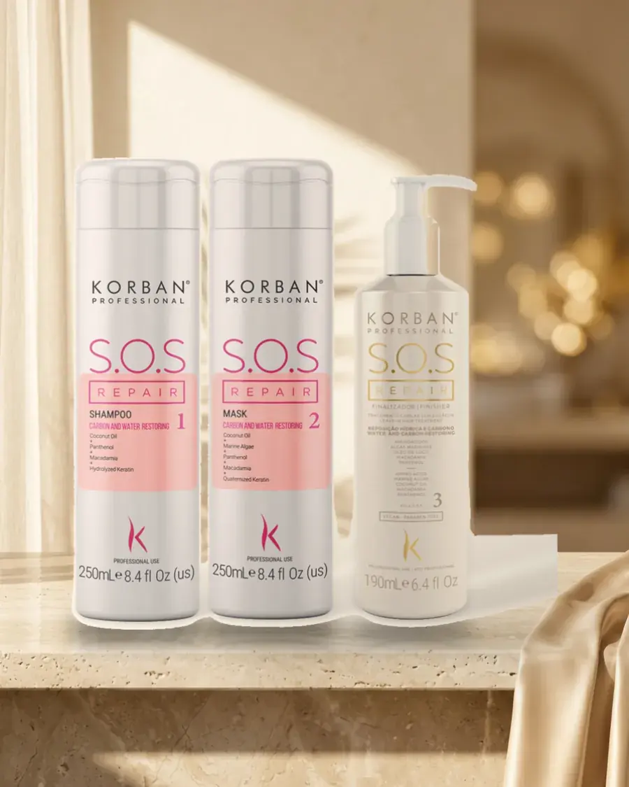 Trzy produkty Korban S.O.S. Repair ustawione kolejno na półce
